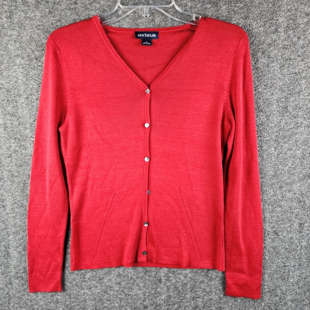 Ann Taylor Cardigan Womens S Red 100% Silk V-Neck Button-Down Long Sleeve EUC